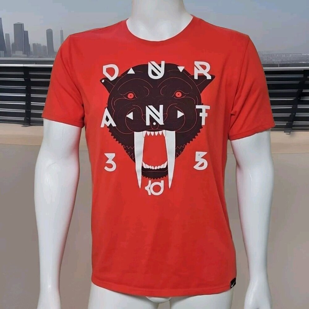 Nike Kevin Durant T Shirt Mens L Orange Dri Fit Athletic Cut #35 Sabertooth Cat